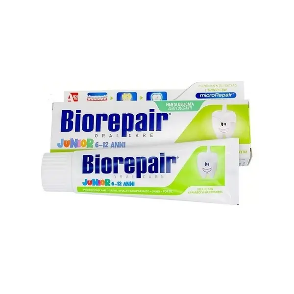 Pasta de Dinti pentru Copii, Biorepair Junior, Sustine Remineralizarea Smaltului, 6-12 Ani, fara Fluor, Aroma Menta, 75ml