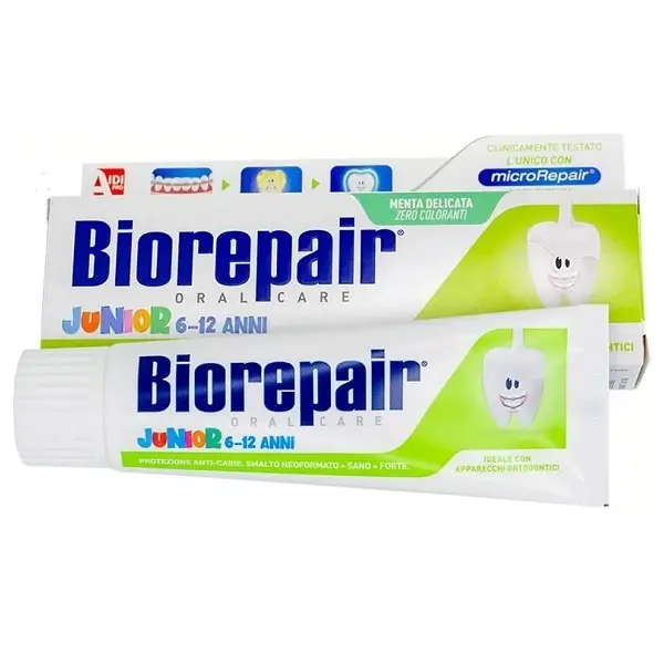 Pasta de Dinti pentru Copii, Biorepair Junior, Sustine Remineralizarea Smaltului, 6-12 Ani, fara Fluor, Aroma Menta, 75ml