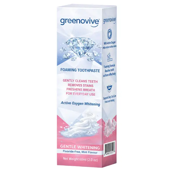 Pasta de Dinti Spumanta, GREENOVIVE®, Active Oxygen Whitening, Gentle Whitening, pentru Albirea Dintilor, fara Fluor, cu Pompita, 60ml