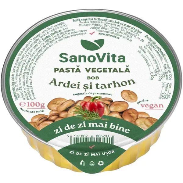 Pasta Vegetala din Bob cu Ardei si Tarhon, Sanovita, 100 g