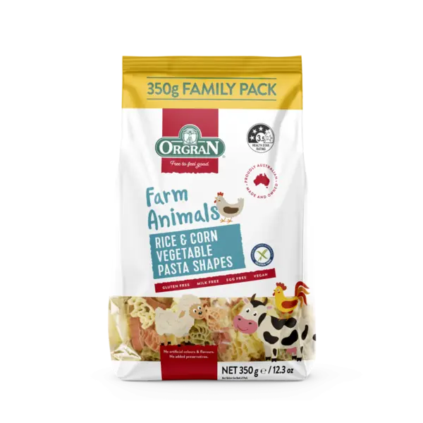 Paste in forma de animale din orez si porumb, 350g, Orgran