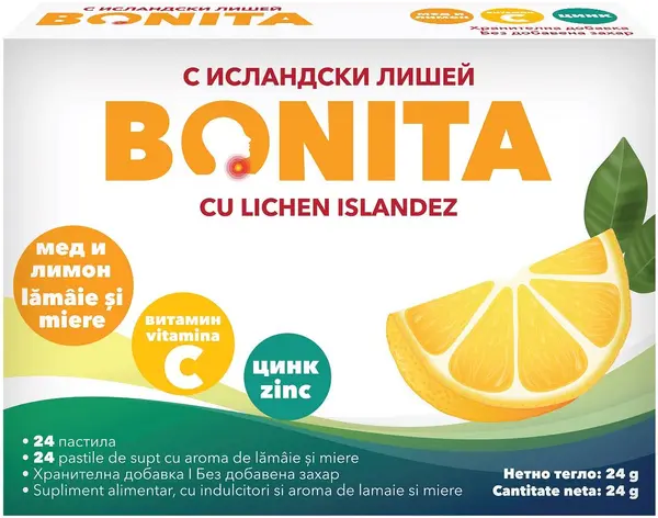 Pastile Bonita cu extract de lichen islandez, miere și lămâie, 24 bucăți