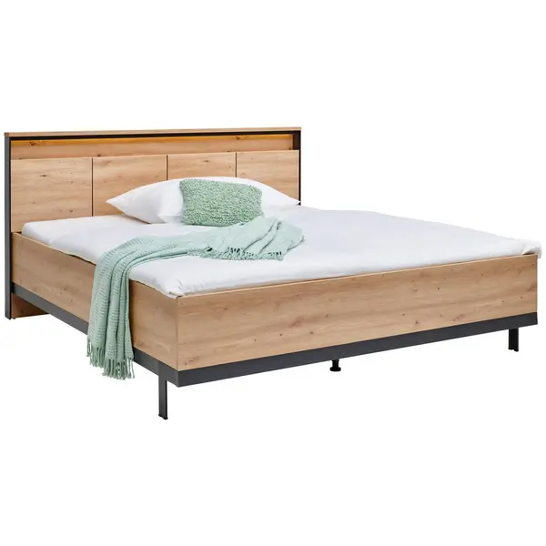 Pat, 180/200 cm, negru, stejar Artisan