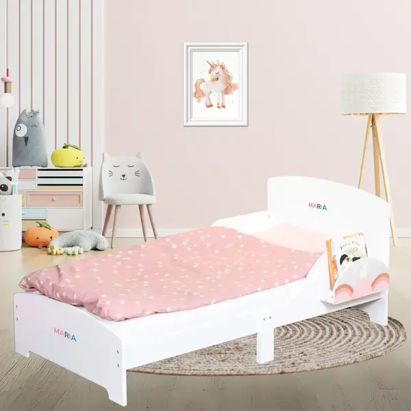 Pat Copii cu Protectie Laterala si Raft Depozitare Carti si Jucarii, Model Curcubeu, Patut pentru Fetite Varsta de 3 - 8 Ani, Mobilier din Lemn MDF, Alb + Bonus Stickere Fosforescente - Default Title