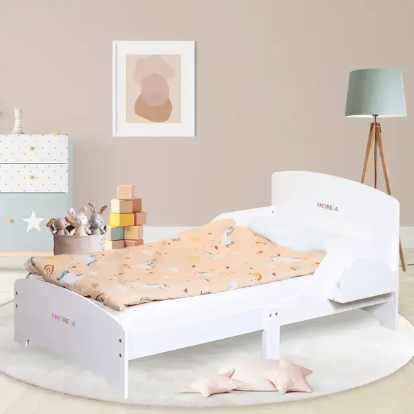 Pat Copii cu Protectie Laterala si Raft Depozitare Carti si Jucarii, Model Norisor, Patut pentru Baieti si Fetite Varsta de 3 - 8 Ani, Mobilier din Lemn MDF, Alb + Bonus Stickere Fosforescente - Default Title