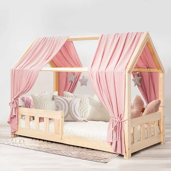 Pat copii montessori tip casuta, LittleAmy, Angel Nest, Balustrade cu bare plate, Natur, 100 x 200 cm