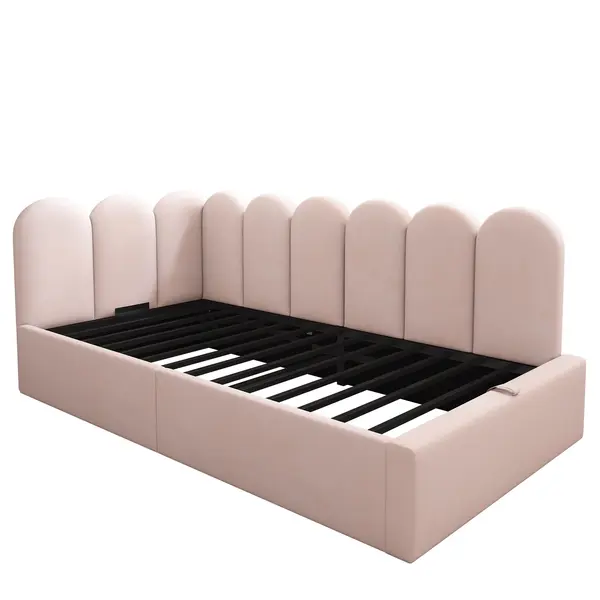 Pat de zi tapițat cu spațiu de depozitare hidraulic, tapițerie din catifea și somieră cu lamele metalice, fără saltea, 90x200 cm, Roz