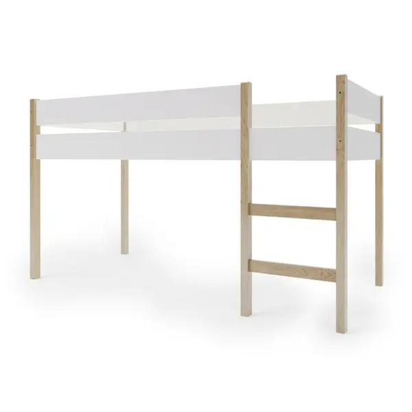 Pat din lemn semi-inalt junior, 200x90 cm, Cu loc de joaca dedesubt, Din lemn de pin certificat FSC, Tratat cu ceara naturala ecologica, Alb, YappyKids, YappyGrott