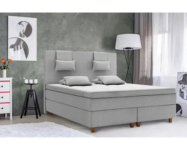 Pat Dormitor Boxspring Borgholm, saltea cu arcuri Pocket , topper, 180x200 cm, Gri deschis