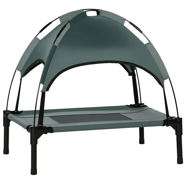 Pat PawHut pentru câini, cu parasol, pat de tabără pentru câini și pisici pe picioare cu material respirabil Oxford, anti-UV, cadru din metal inclus în sacul de transport, loc de dormit exterior pentru pisici 161 x 46 x 61 cm gri negru | Aosom Romania