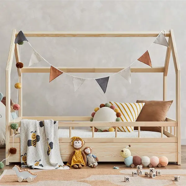 Pat pentru copii casuta Montessori, Little Amy, MonteHouse, Natur, 90 x 180 cm