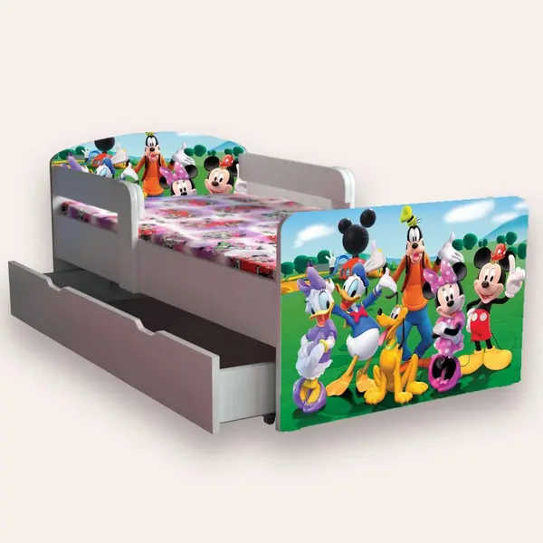 Pat pentru copii Clubul lui Mickey, cu manere, sertar si saltea, 2-12 ani, 160x80 cm