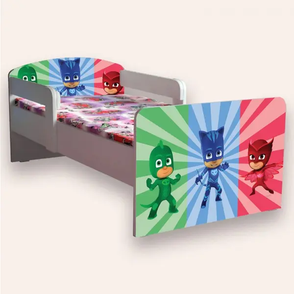 Pat pentru copii Eroi in pijamale, cu manere si saltea, 2-8 ani, 140x70 cm