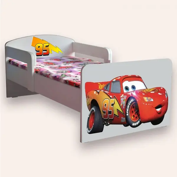 Pat pentru copii Fulger Mcqueen cu manere si saltea, 2-12 ani, 160x80 cm