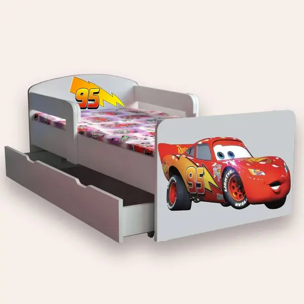 Pat pentru copii Fulger Mcqueen cu manere si sertar, 2-8 ani, 140x70 cm