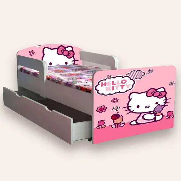 Pat pentru copii Hello Kitty cu manere, sertar si saltea, 2-8 ani, 140x70 cm
