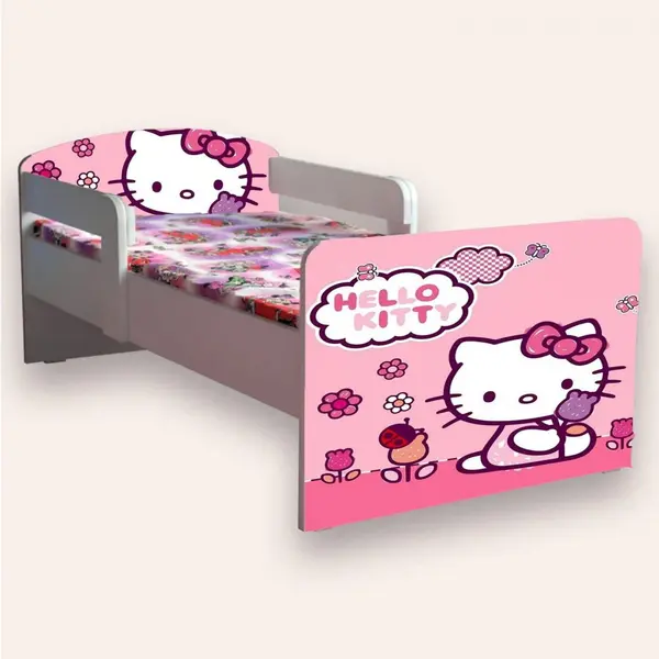 Pat pentru copii Hello Kitty cu manere si saltea, 2-8 ani, 140x70 cm