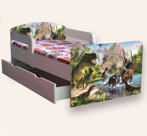 Pat pentru copii Jurassic Park cu manere, sertar si saltea, 2-12 ani, 160x80 cm