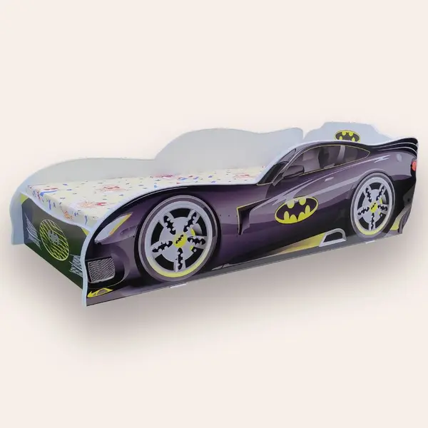 Pat pentru copii masina Batman Alb cu saltea, 2-12 ani, 160x80 cm