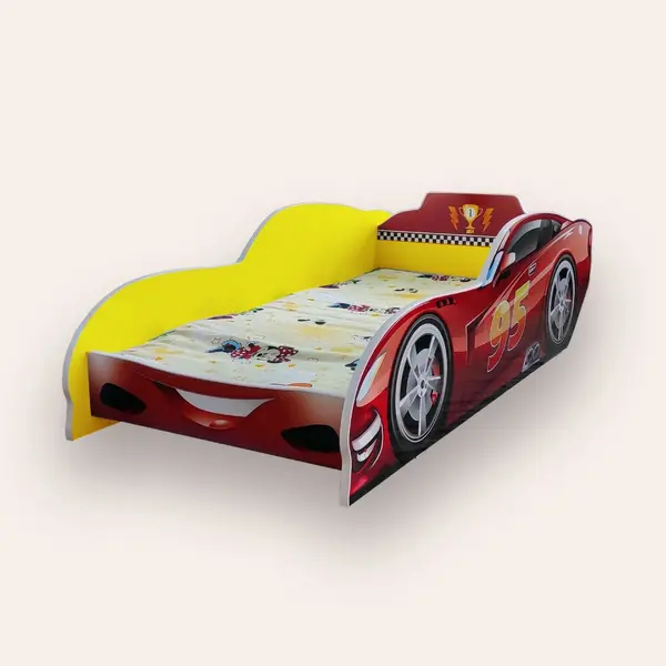 Pat pentru copii masina Fulger McQueen Galben, cu saltea, 2-8 ani, 140x70 cm