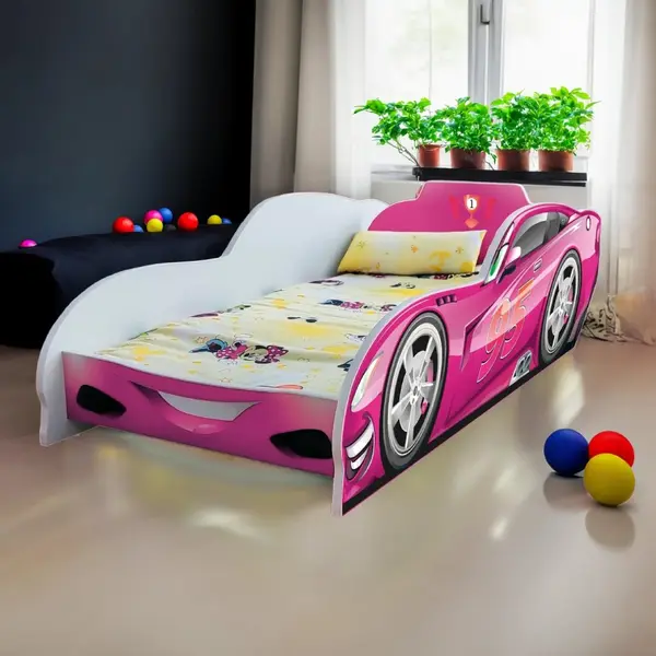 Pat pentru copii masina Turbo Speed 95 Alb cu saltea, 2-12 ani, 160x80 cm