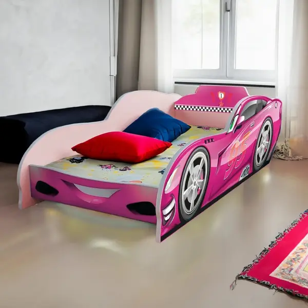 Pat pentru copii masina Turbo Speed 95 Roz cu saltea, 2-12 ani, 160x80 cm