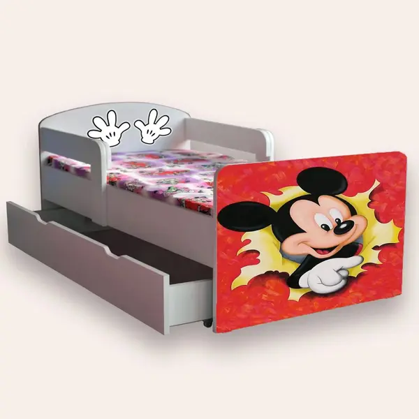 Pat pentru copii Mickey Mouse cu manere, sertar si saltea, 2-8 ani, 140x70 cm