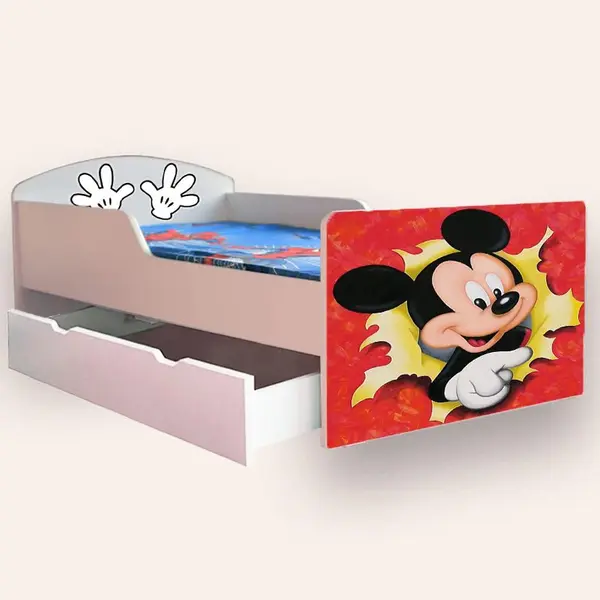 Pat pentru copii Mickey Mouse cu sertar si saltea, 2-8 ani, 140x70 cm