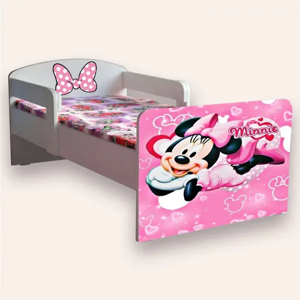 Pat pentru copii Minnie Mouse cu manere si saltea, 2-12 ani, 160x80 cm