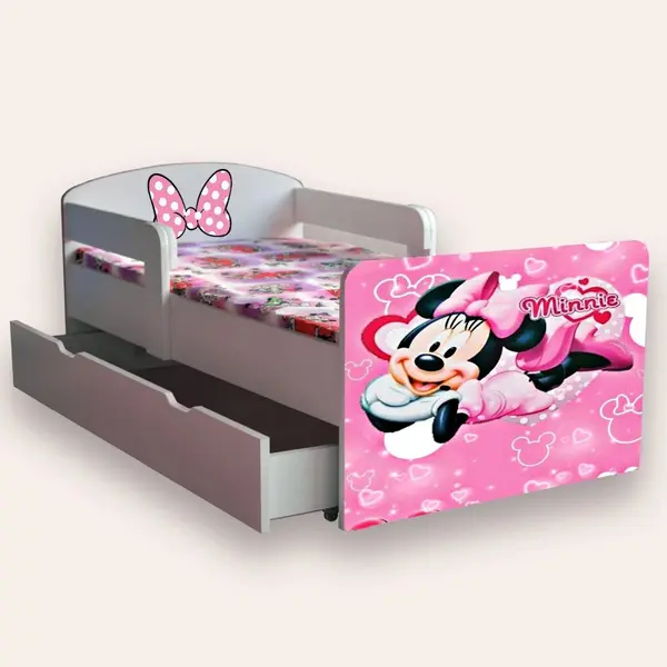 Pat pentru copii Minnie Mouse cu manere si sertar, 2-8 ani, 140x70 cm