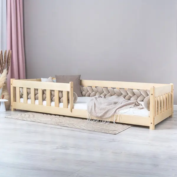 Pat pentru copii Montessori cu balustrada, Little Amy, Charlie, balustrade cu bare plate, Natur, 80 x 160 cm