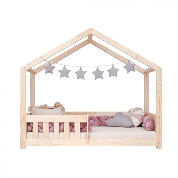 Pat pentru copii montessori tip casuta, LittleAmy, Cozi Cottage, balustrade cu bare plate, Natur, 80 x 160 cm