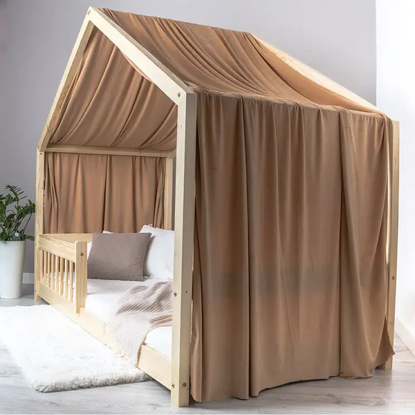 Pat pentru copii montessori tip casuta, LittleAmy, Cozi Cottage, balustrade cu bare rotunde, Natur, 80 x 160 cm