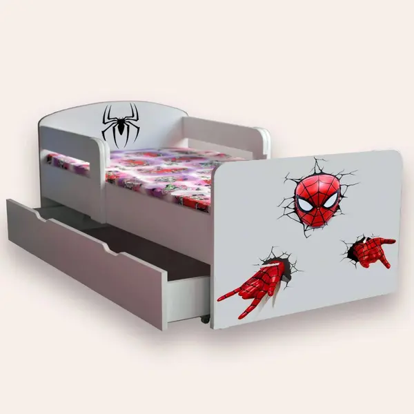 Pat pentru copii Spider Man cu manere, sertar si saltea 2-8 ani, 140x70 cm