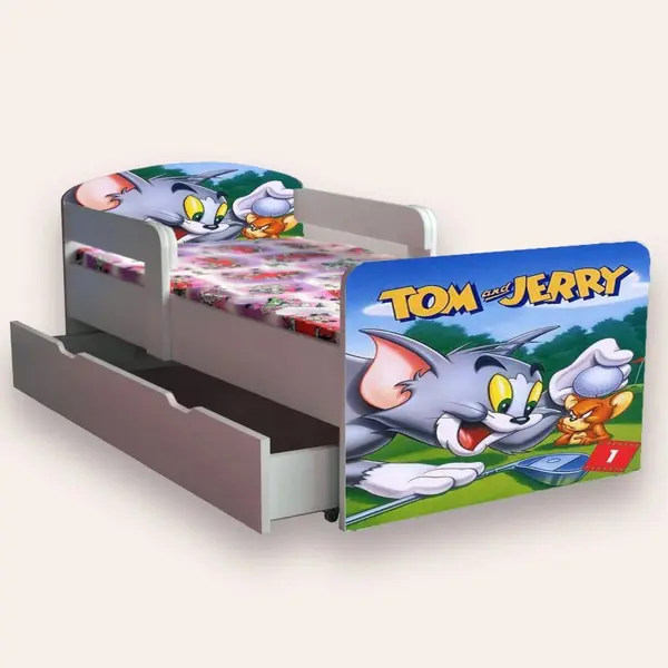 Pat pentru copii Tom si Jerry, cu manere, sertar si saltea, 2-12 ani, 160x80 cm
