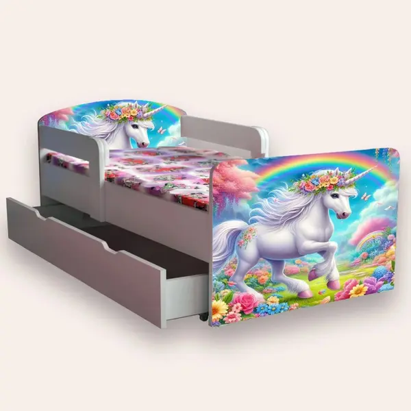 Pat pentru copii Unicorn varianta 2, cu manere, sertar si saltea, 2-8 ani, 140x70 cm