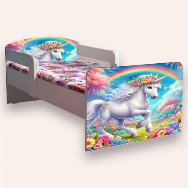 Pat pentru copii Unicorn varianta 2, cu manere si saltea, 2-8 ani, 140x70 cm