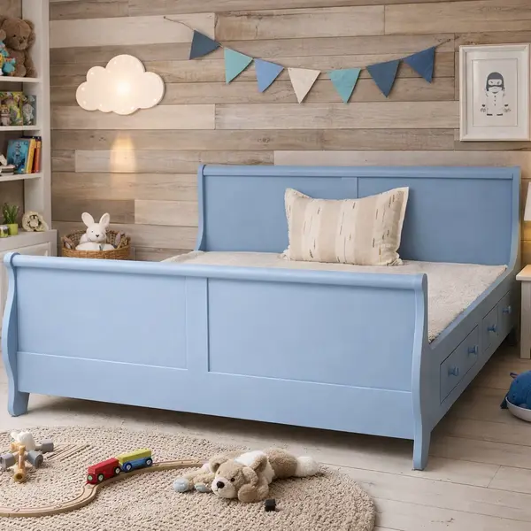 Pat Royal matrimonial cu 2 sertare - 180x200 cm - din lemn masiv de brad Baby blue