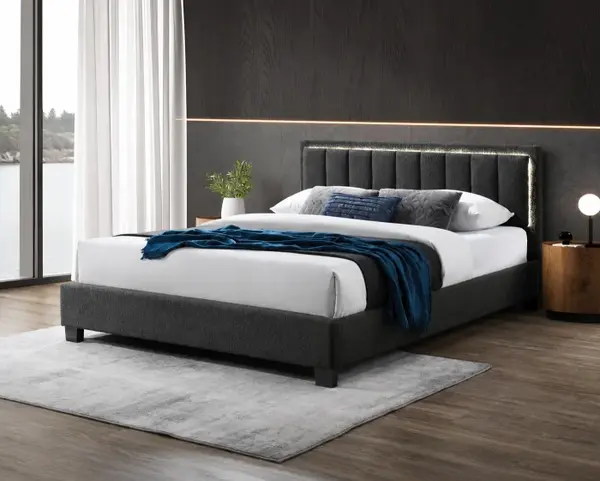 Pat tapitat Comfort 1 cu LED cadru din lemn cu somiera fixa Gri 160x200 cm