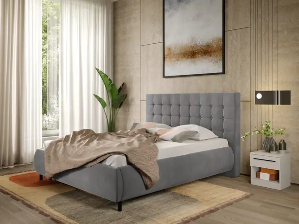 Pat Tapitat cu somiera fixa - Catifea Gri - Velvet 160x200