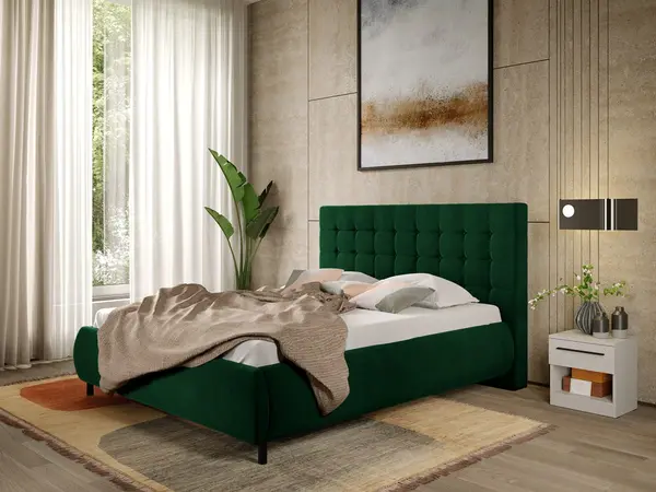 Pat Tapitat cu somiera fixa - Catifea Verde - Velvet 140x200