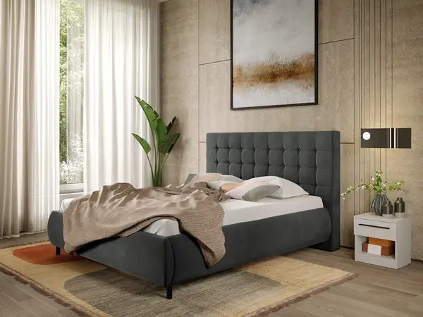 Pat Tapitat cu somiera fixa - Gri Inchis - Velvet 180x200