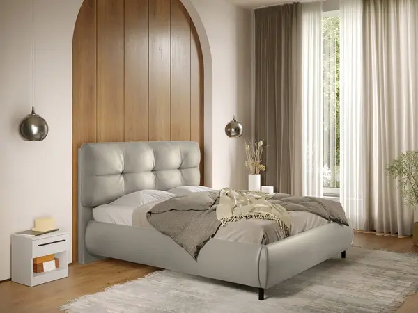 Pat Tapitat cu somiera fixa - Piele Crem - Ramses 180x200