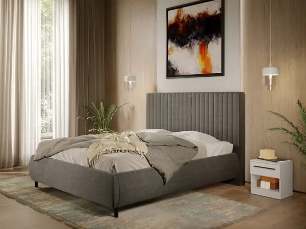 Pat Tapitat cu somiera fixa - Stofa Gri - Line 140x200