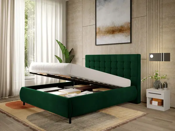 Pat Tapitat cu somiera rabatabila - Catifea Verde - Velvet 140x200