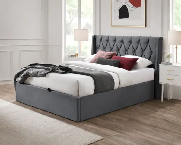 Pat tapitat Prestige 1 160x200 cu somiera metalica rabatabila si spatiu de depozitare culoare Gri