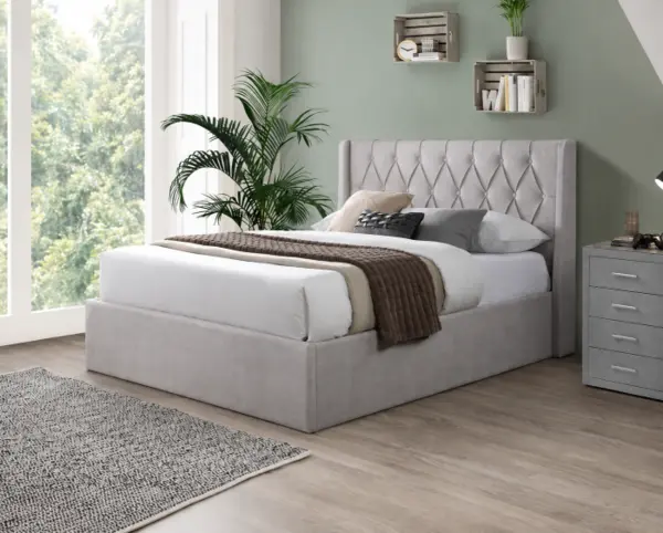 Pat tapitat Prestige 1 cu somiera metalica rabatabila si spatiu de depozitare Crem 160x200 cm
