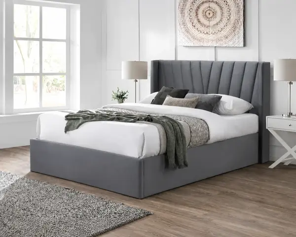 Pat tapitat Prestige 2, 160x200, cu somiera metalica rabatabila si spatiu de depozitare, culoare Gri