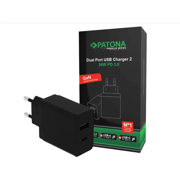 Patona Adaptor PATONA Premium PD36W negru 5V/3A 9V/2A 12V/1.5A 1xUSB-C 1xUSB-A - 2638