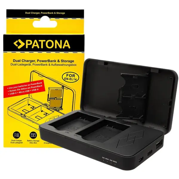 Patona Incarcator Patona Dual EN-EL14 cu functie Power Bank si spatiu pentru 2x carduri SD 1718
